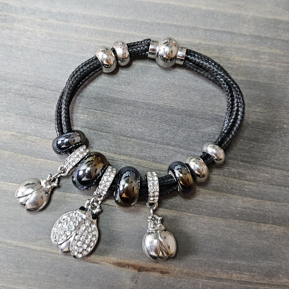 Ladybug Charm Bracelet with Black Braided Cord and Rhinestone Accents